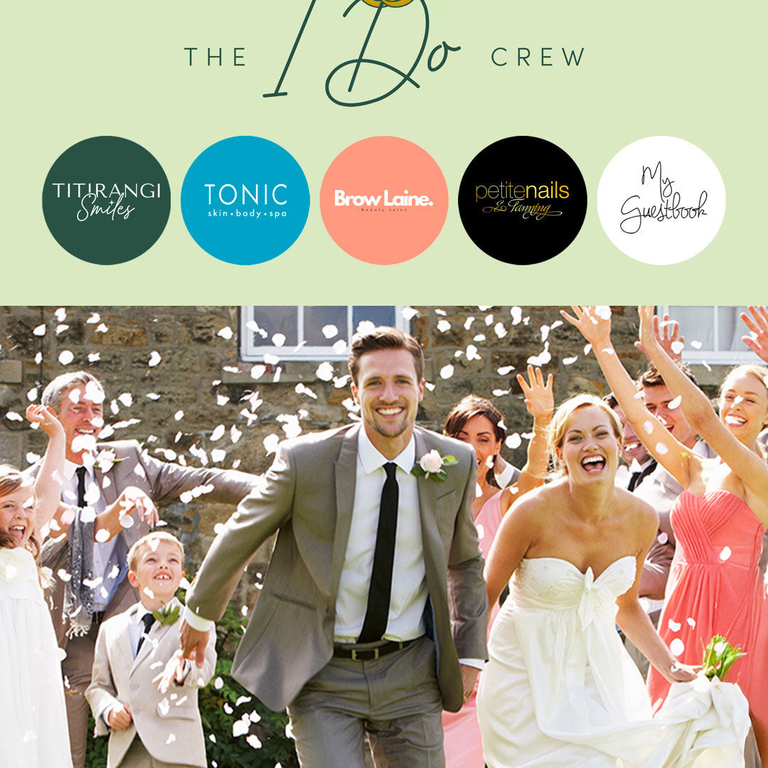 The I Do Crew wedding collaboration logos including Titirangi Smiles, Tonic Skin Body Spa, Brow Laine, Petite Nails & Tanning, and My Guestbook