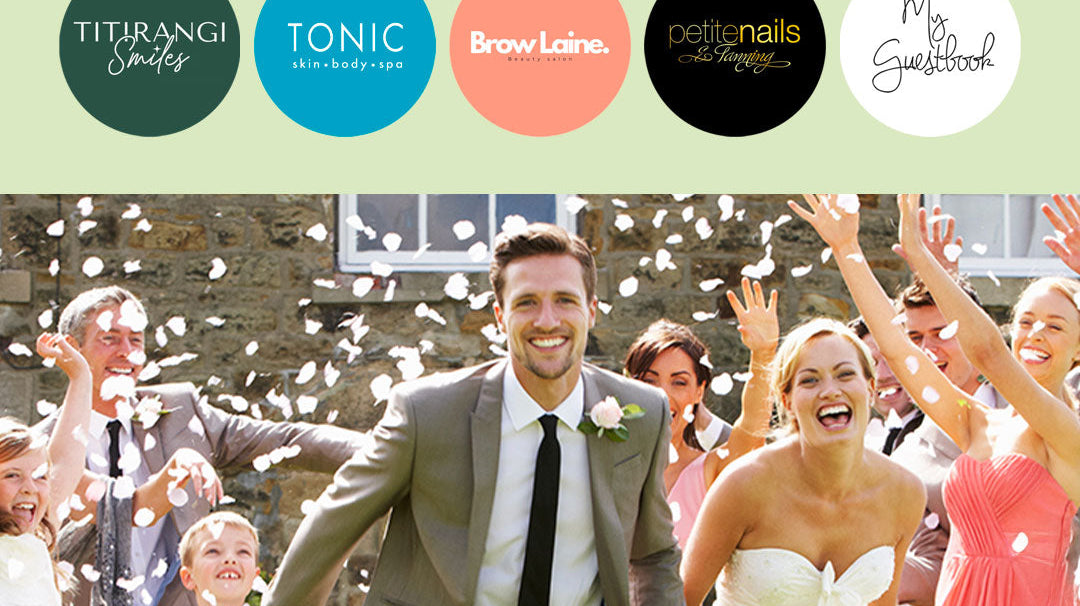 The I Do Crew wedding collaboration logos including Titirangi Smiles, Tonic Skin Body Spa, Brow Laine, Petite Nails & Tanning, and My Guestbook