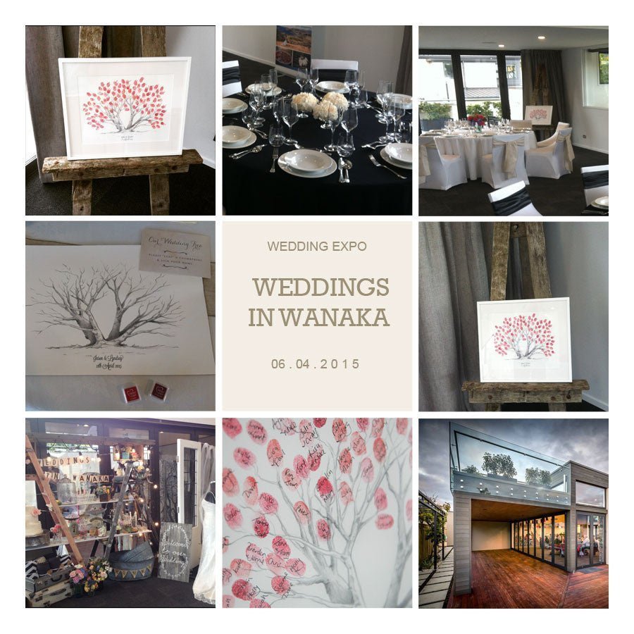 Collage of photos of wedding venue Peak Functions featuring a fingerprint tree from My Guest Book on a display easel