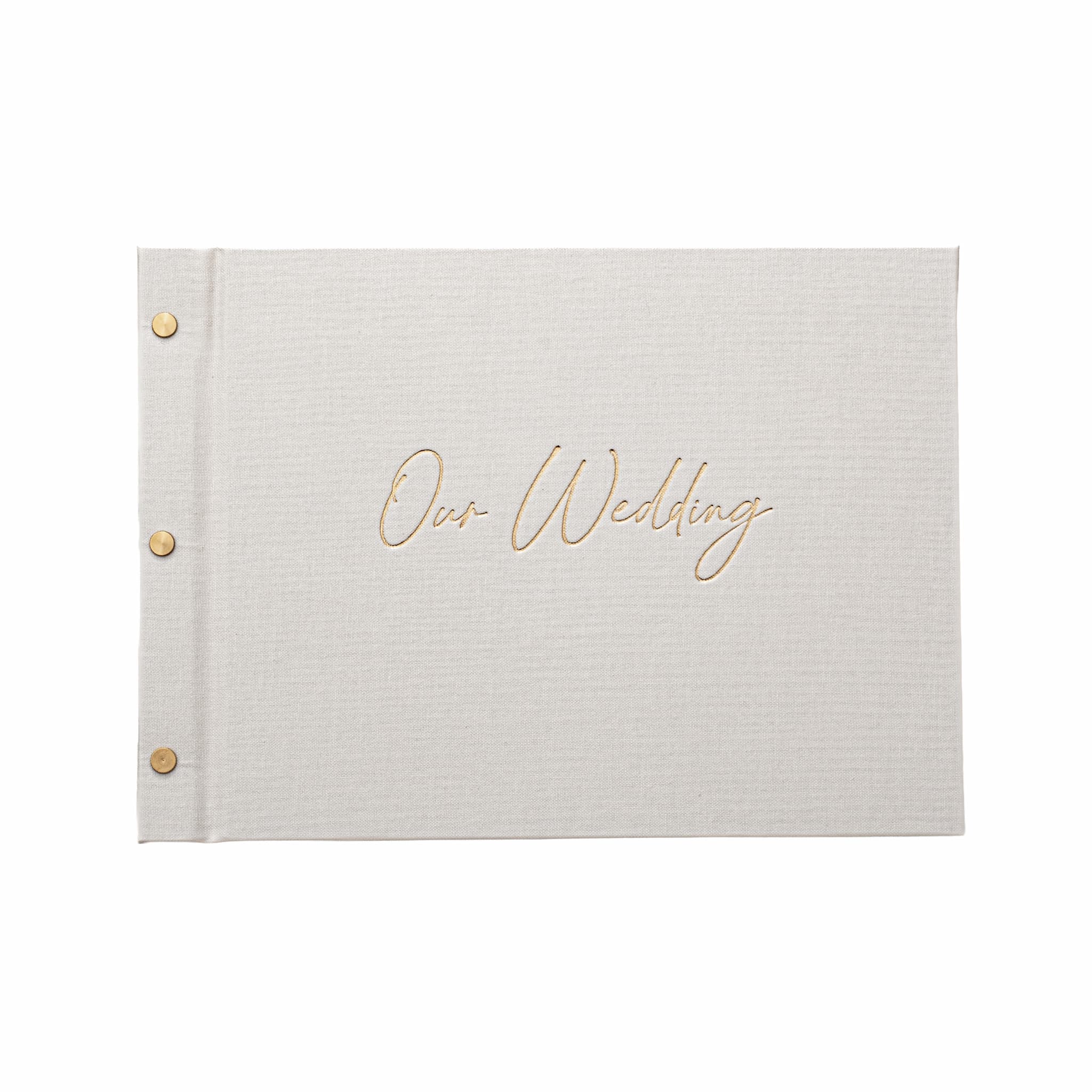 White wedding guestbook album with 'Our Wedding' text foil stamped in gold on a white background
