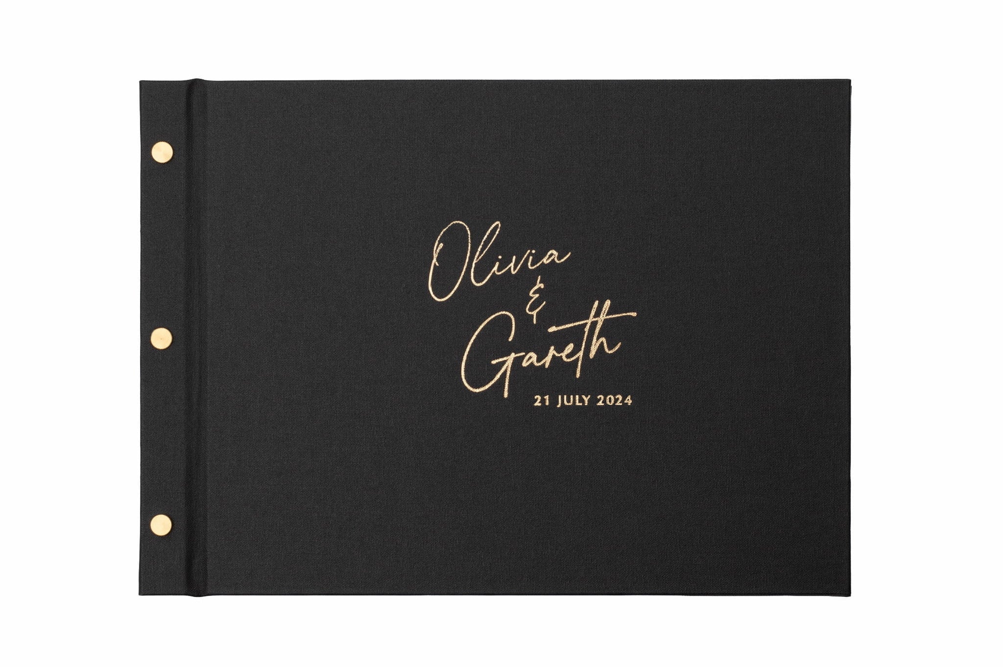 Personalised wedding guestbook with modern script font on black cover with gold foil lettering