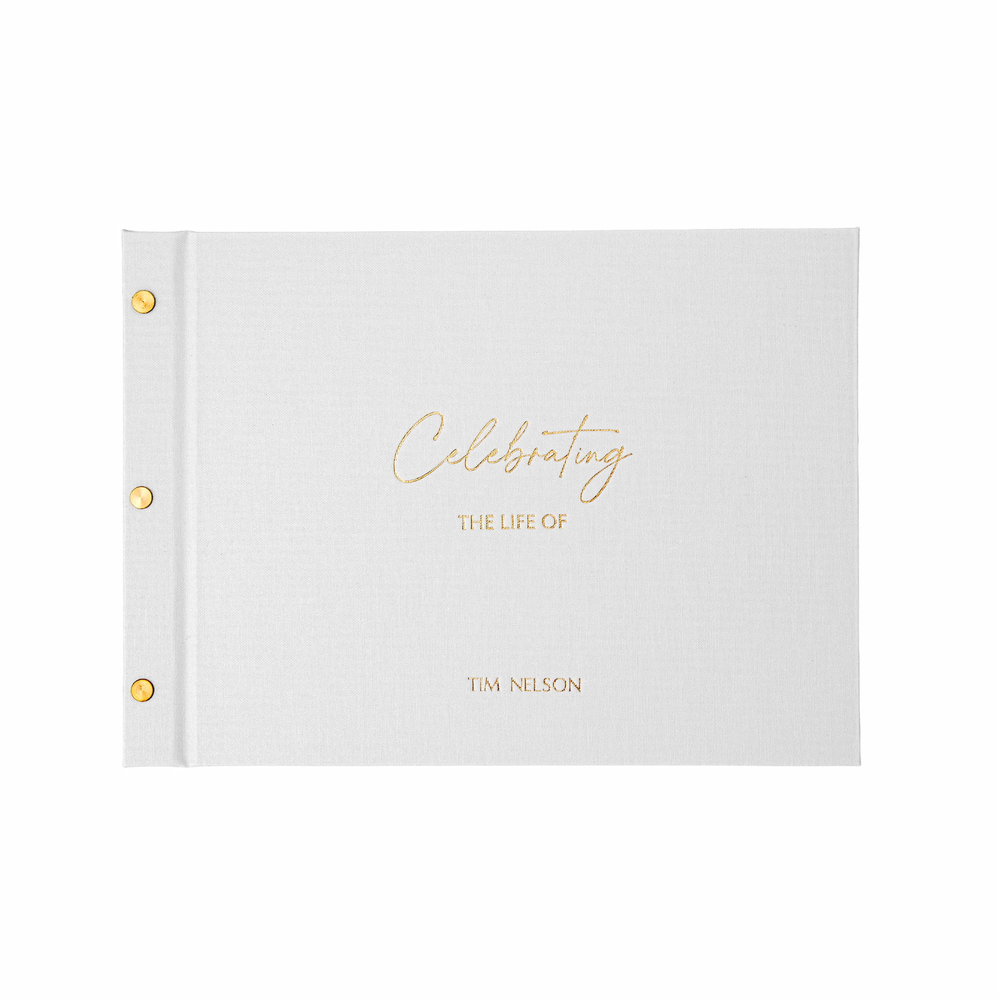 White celebrating the life of book with gold text on a white background