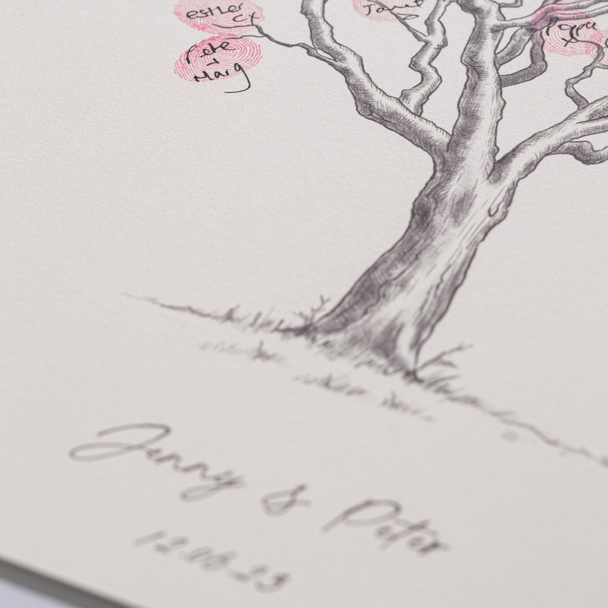 Personalised cherry blossom fingerprint wedding guestbook with couple names and wedding date printed below the tree artwork.