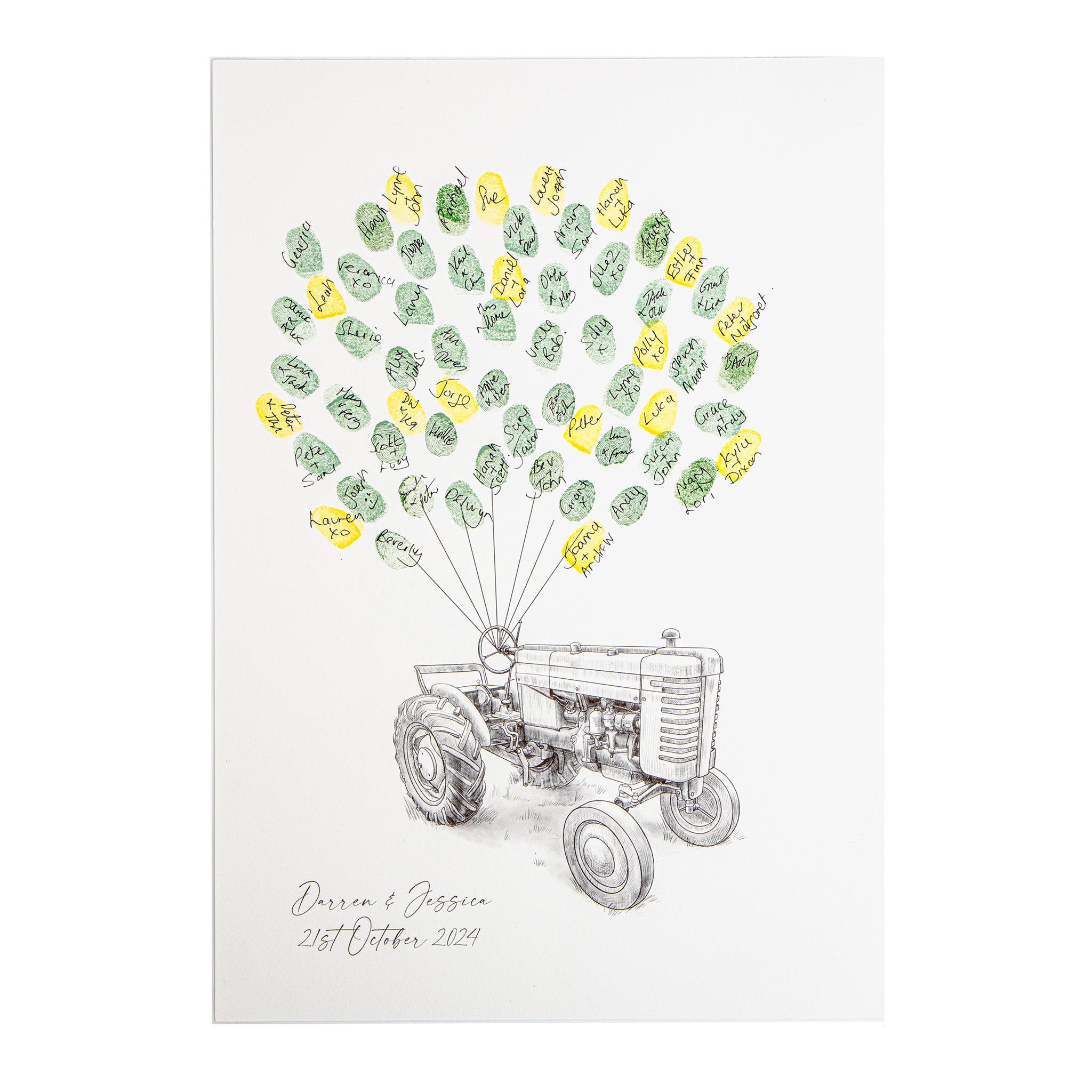 A personalised wedding fingerprint guestbook featuring a hand-drawn vintage tractor with green and yellow wedding fingerprints as balloons, with the names 'Darren & Jessica' and the date '21st October, 2024' written at the bottom.