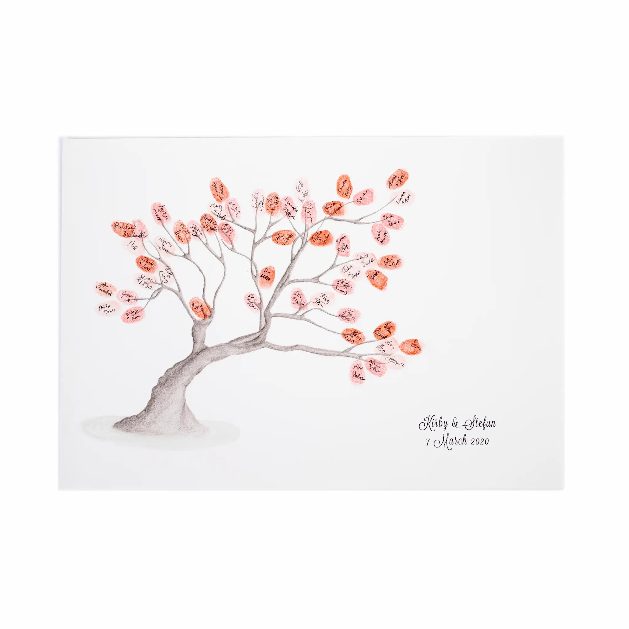 A personalised fingerprint tree guestbook print featuring the famous wanaka tree with branches with brown and orange fingerprint leaves, with custom names and a date printed in the lower right corner on a white background.