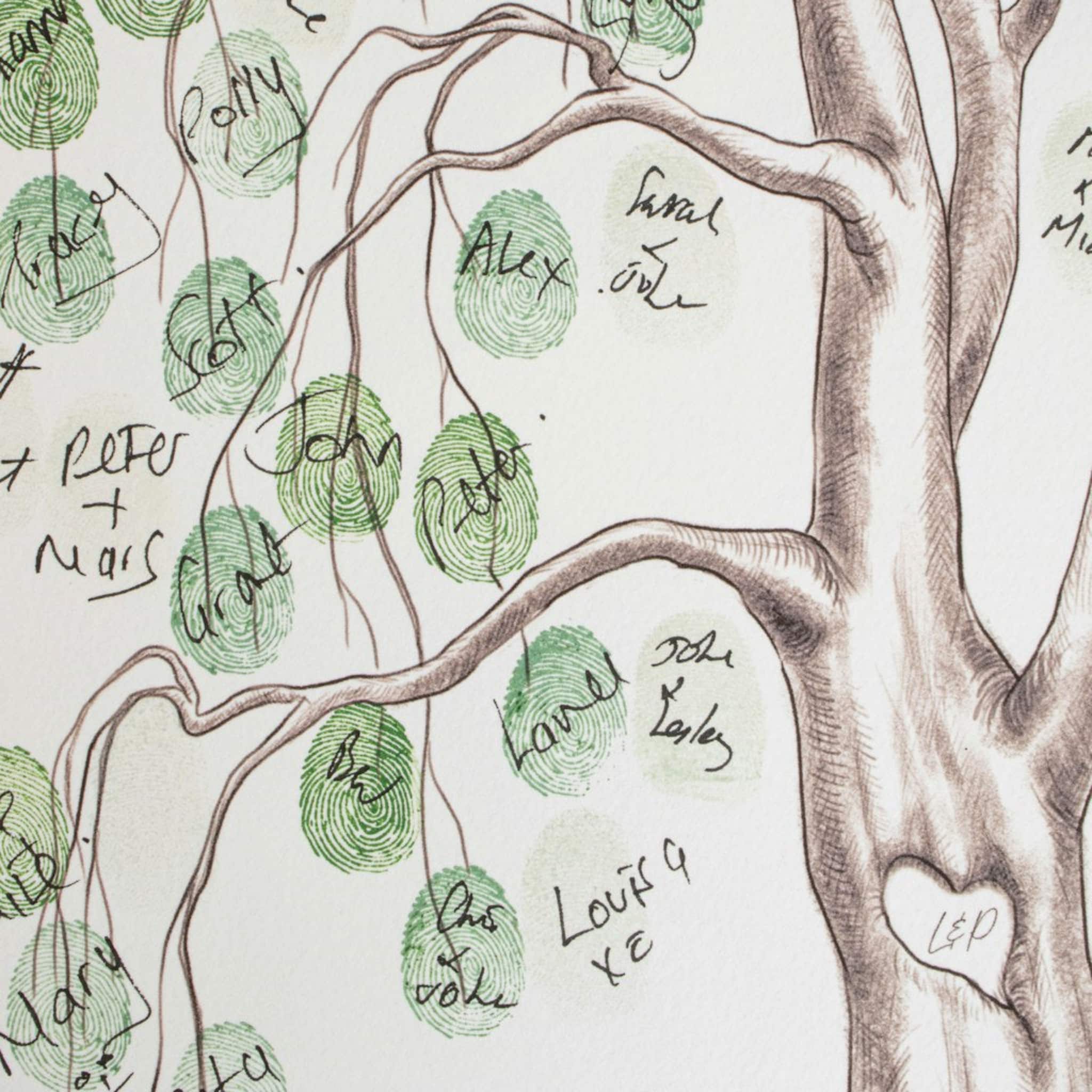 Close up of fingerprint leaves on willow tree guestbook artwork