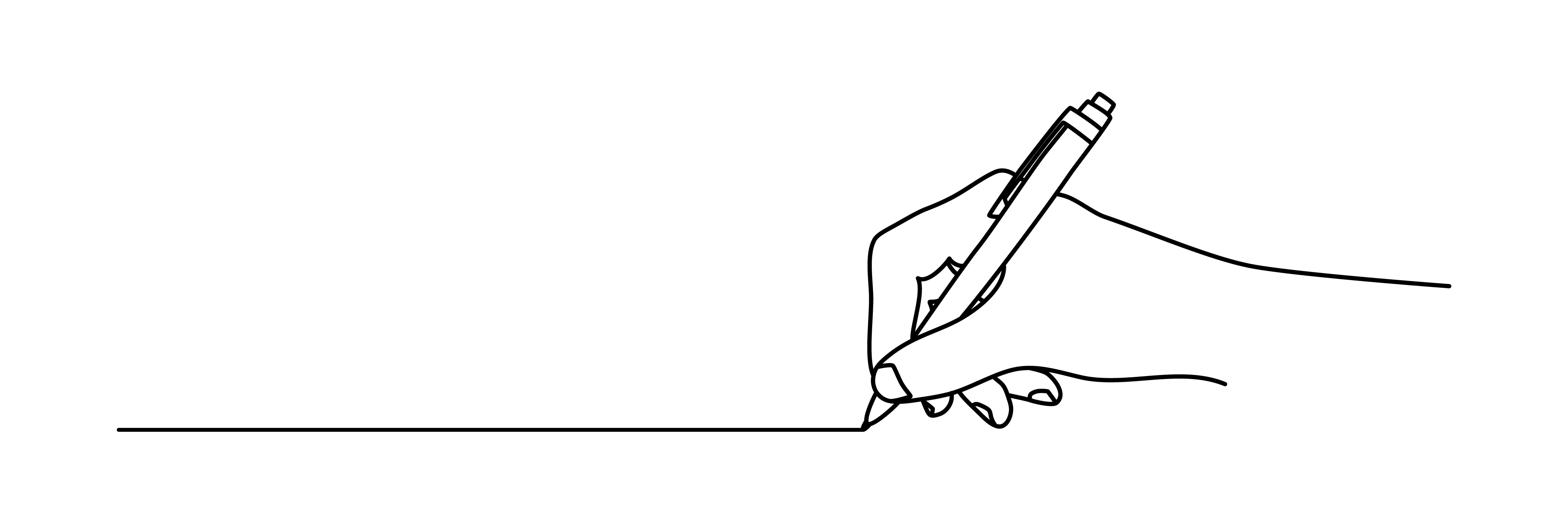 illustration of a hand with pen writing in black ink on white background