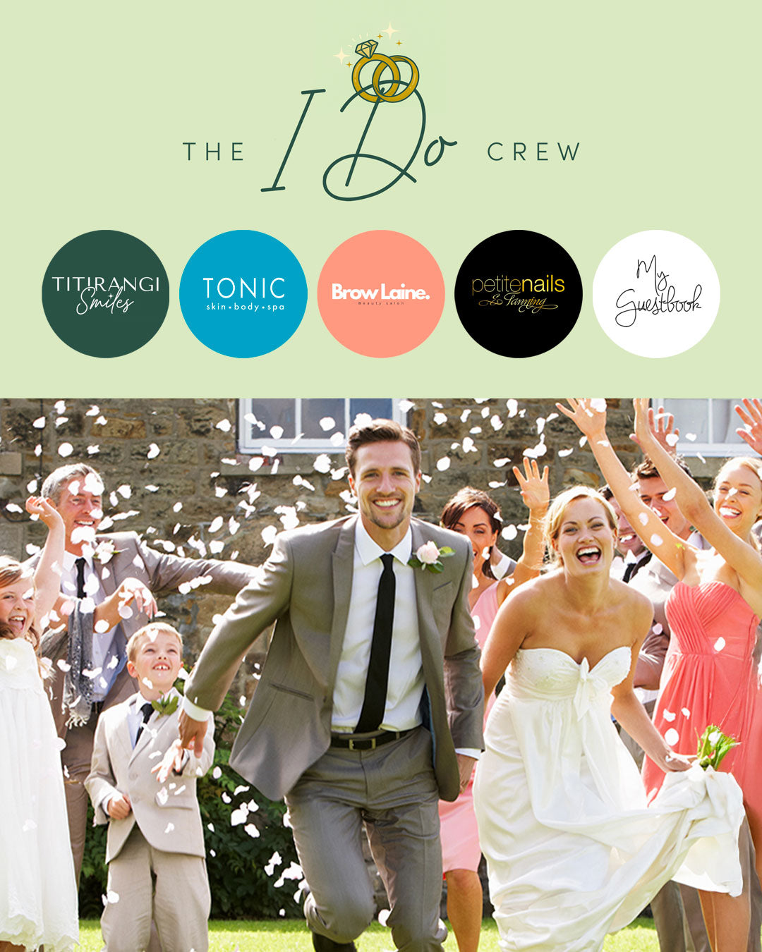 The I Do Crew wedding collaboration logos including Titirangi Smiles, Tonic Skin Body Spa, Brow Laine, Petite Nails & Tanning, and My Guestbook