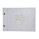 Oatmeal linen birthday guestbook with 'Forty' engraved on a white background
