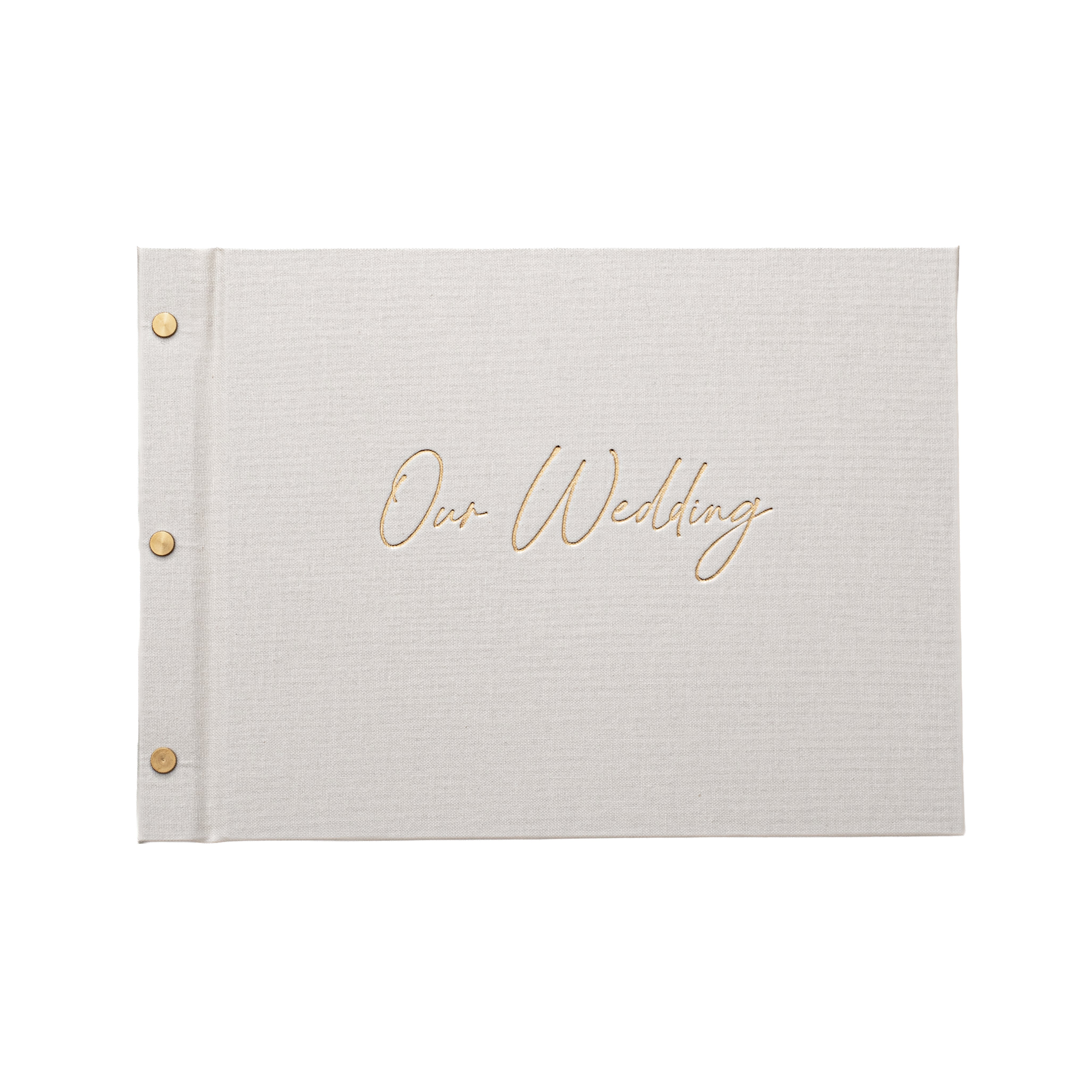 Flat view of Our Wedding guestbook with gold foil title on cover