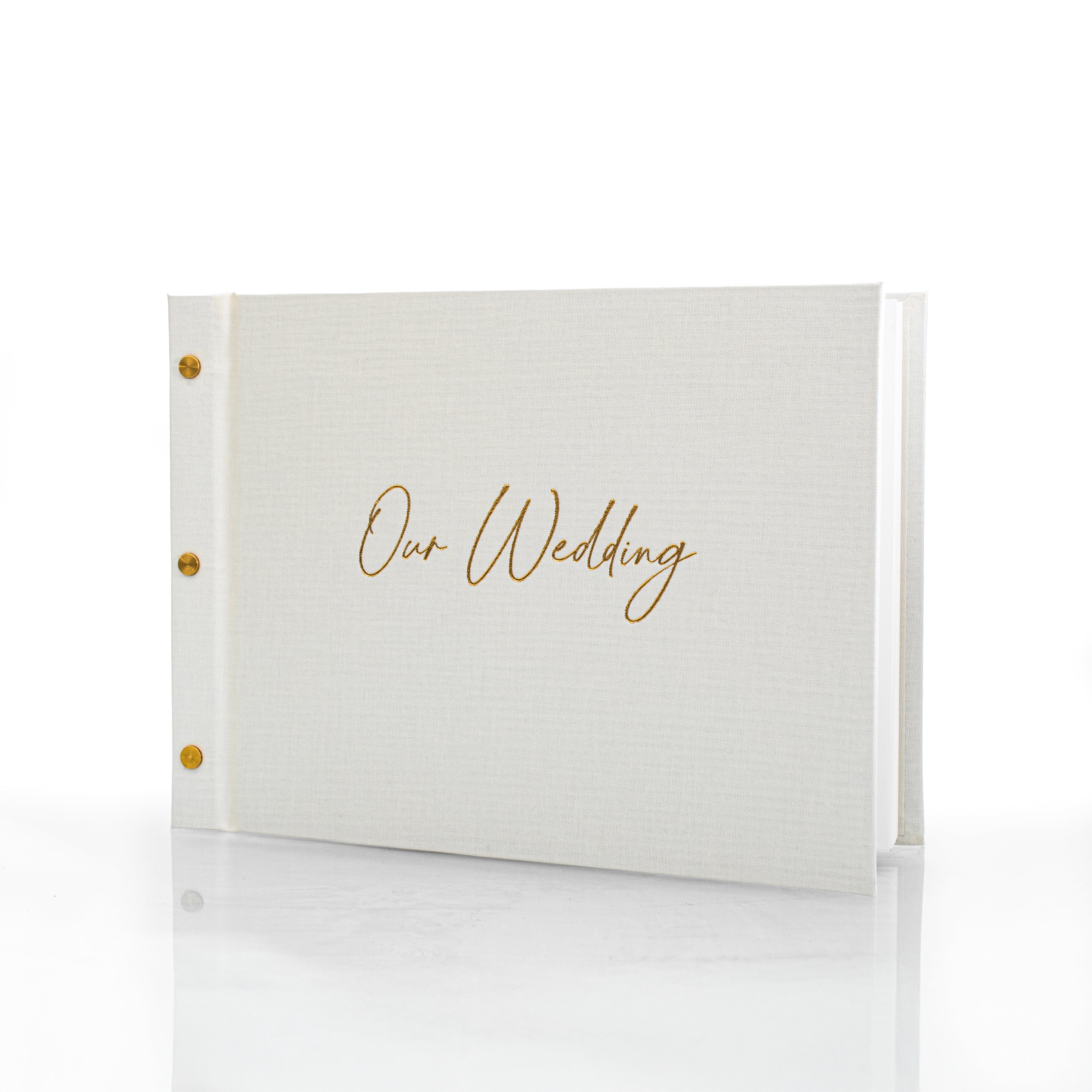 Our Wedding gold foil wedding guestbook standing upright on white background