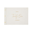 Personalised white birthday guestbook with gold foil text “Georgia is Twenty One – 11 October 2022