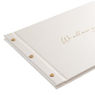 White leavers gift farewell guestbook with gold foil title “We will miss you.”