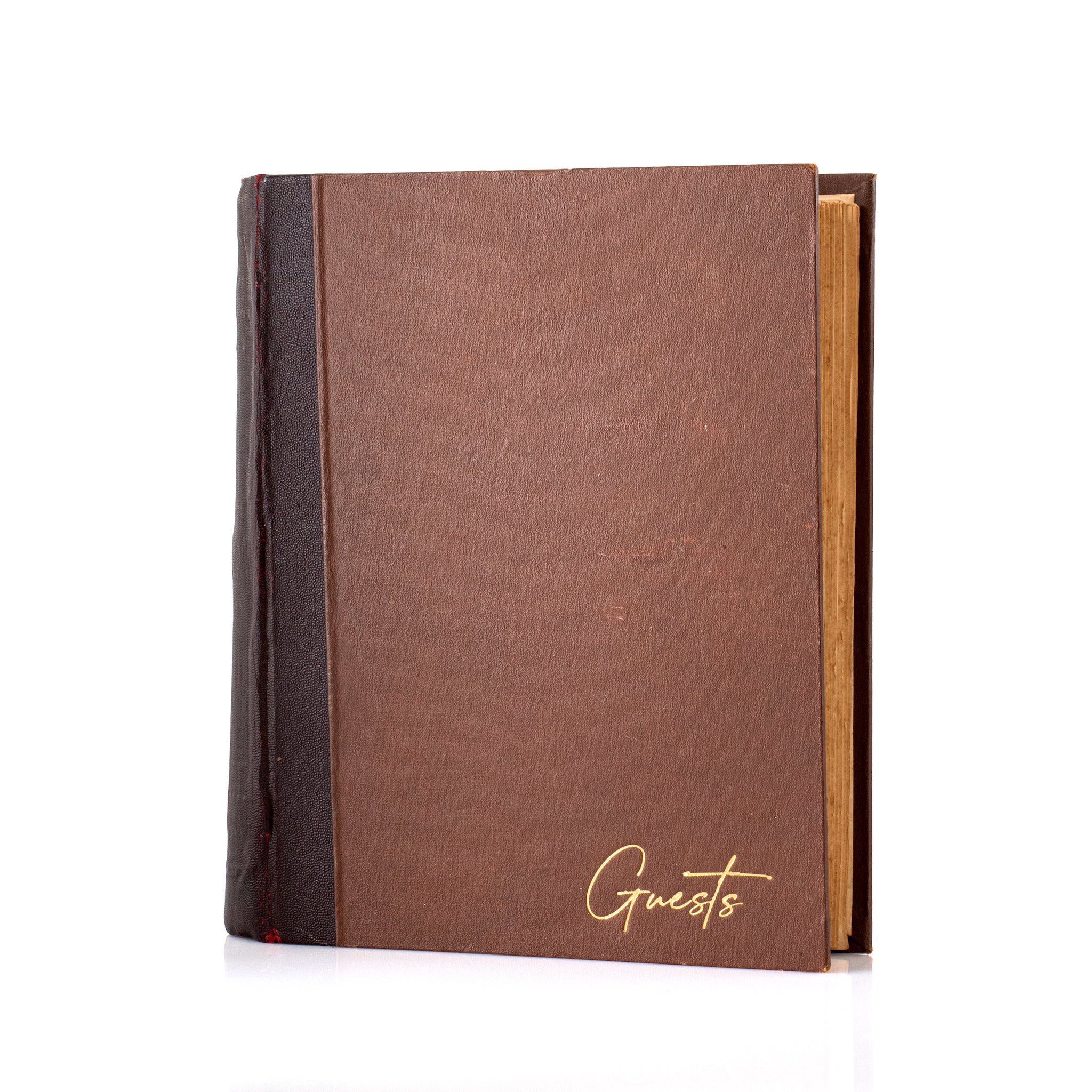 Antique guest book with original two-tone book cloth binding and gold foil Guests lettering.