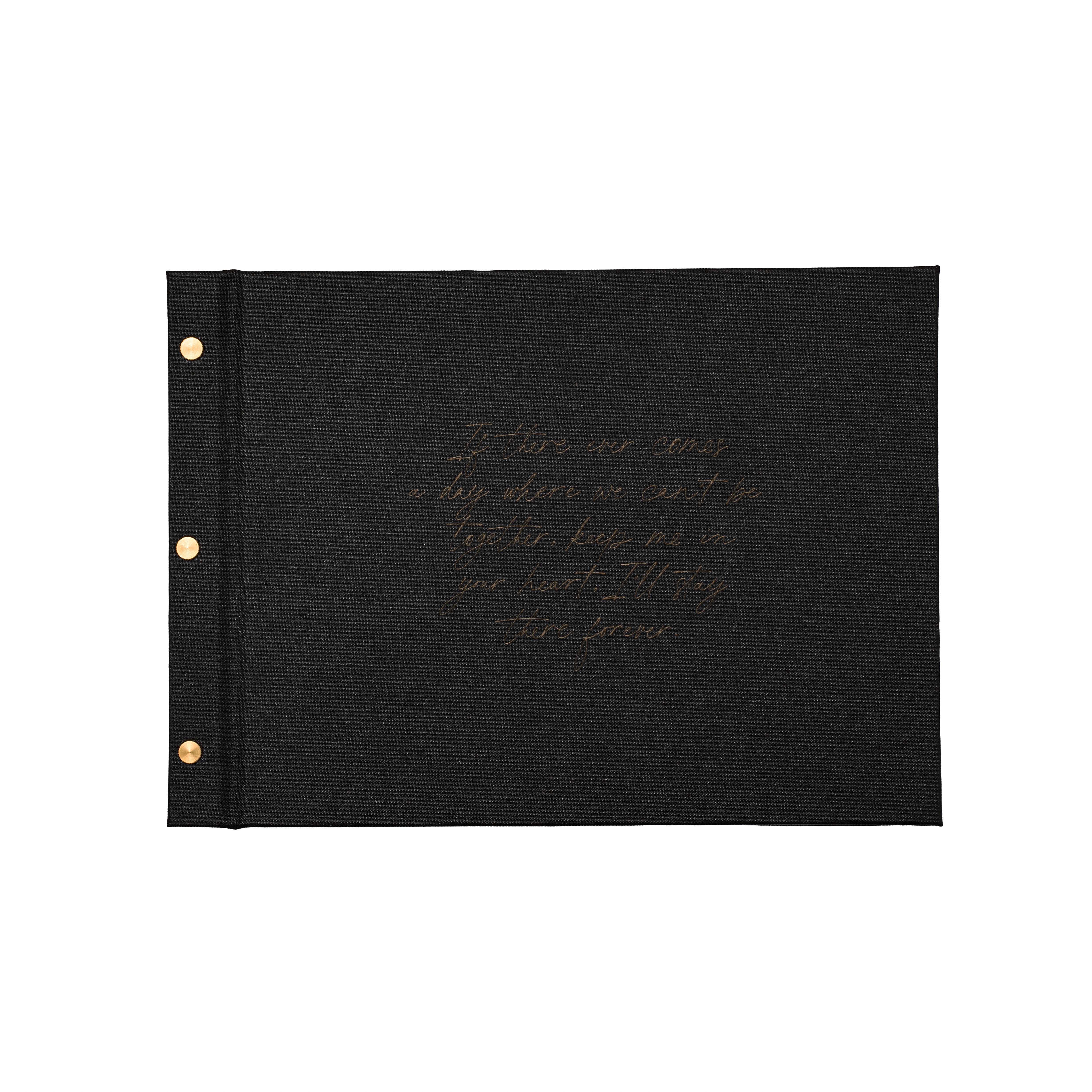 Black celebration of life guestbook with handwriting quote and brass Chicago screw binding.