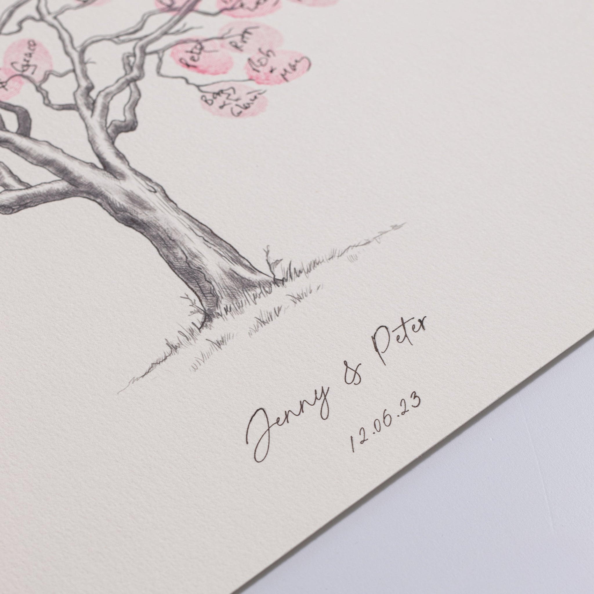 Close-up of cherry blossom fingerprint guestbook printed on textured 300gsm archival fine art paper.