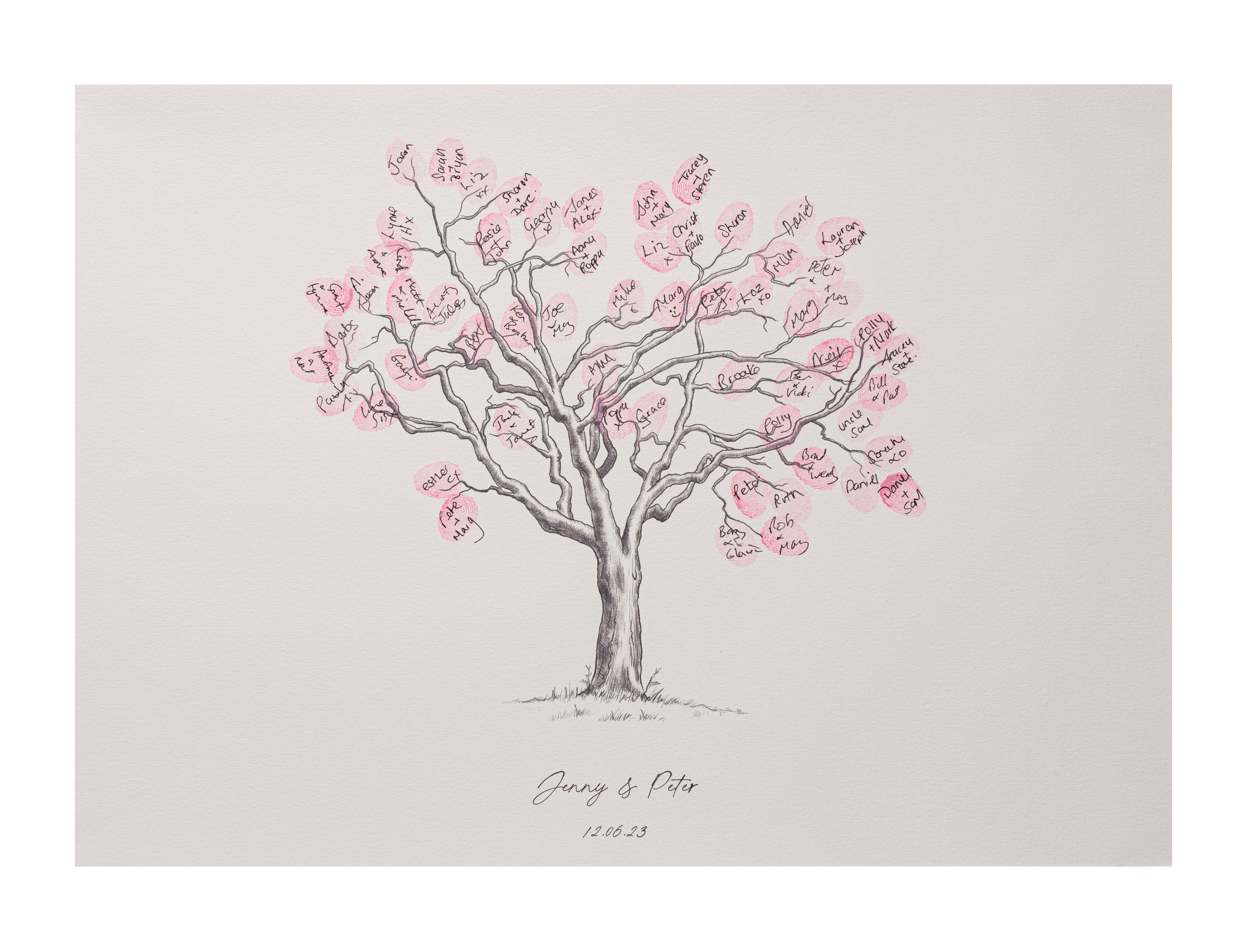 Personalised cherry blossom fingerprint wedding guestbook tree print with pink fingerprint blossoms and guest signatures on archival paper.