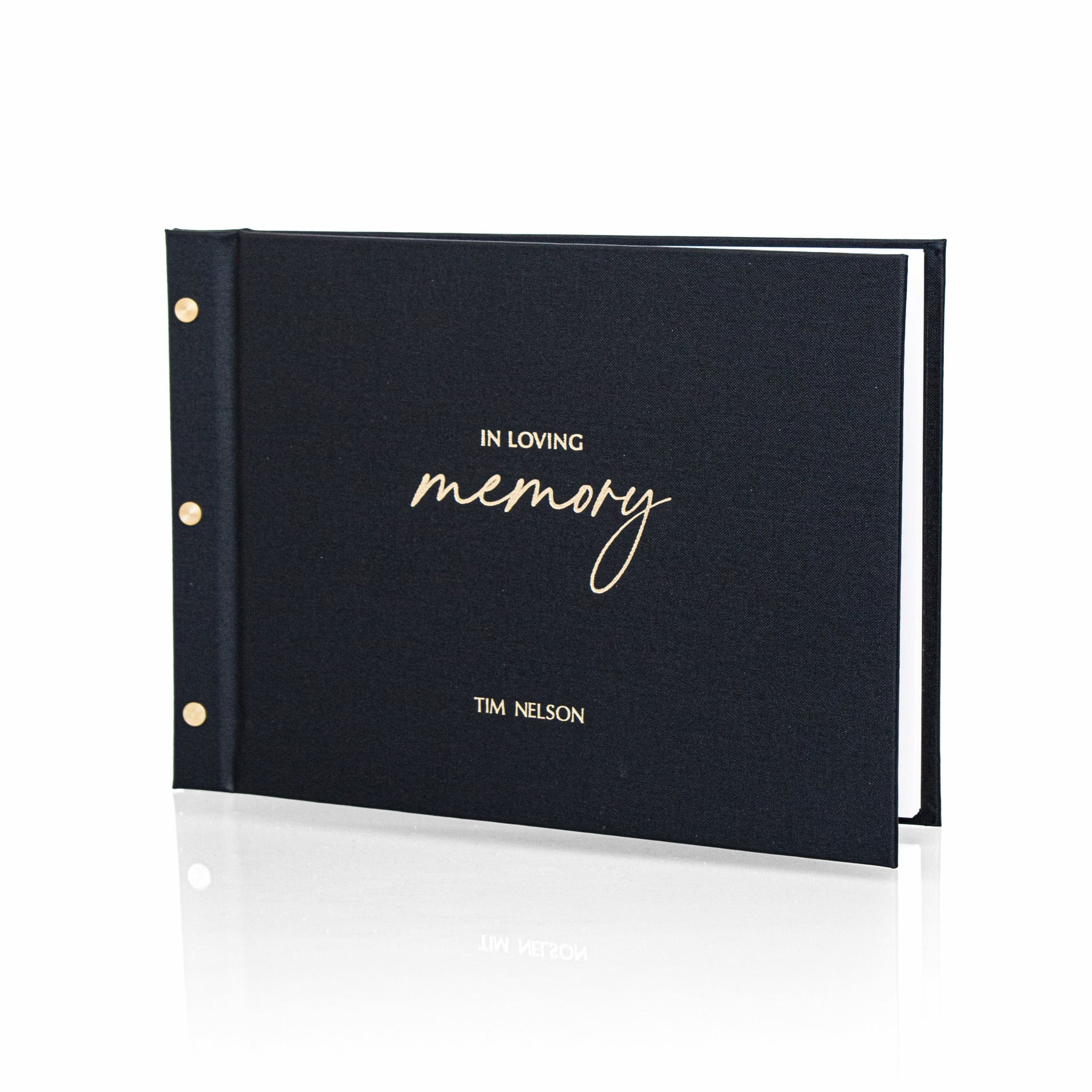 Personalised In Loving Memory memorial guestbook with gold foil lettering and black cloth cover