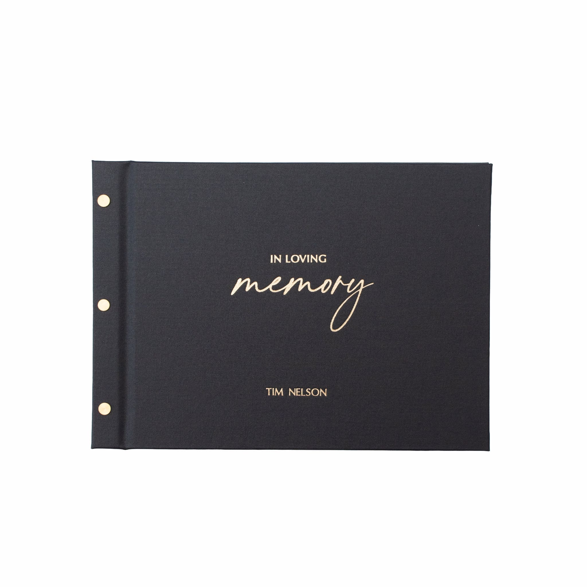 Funeral guestbook with brass screw binding and personalised foil name