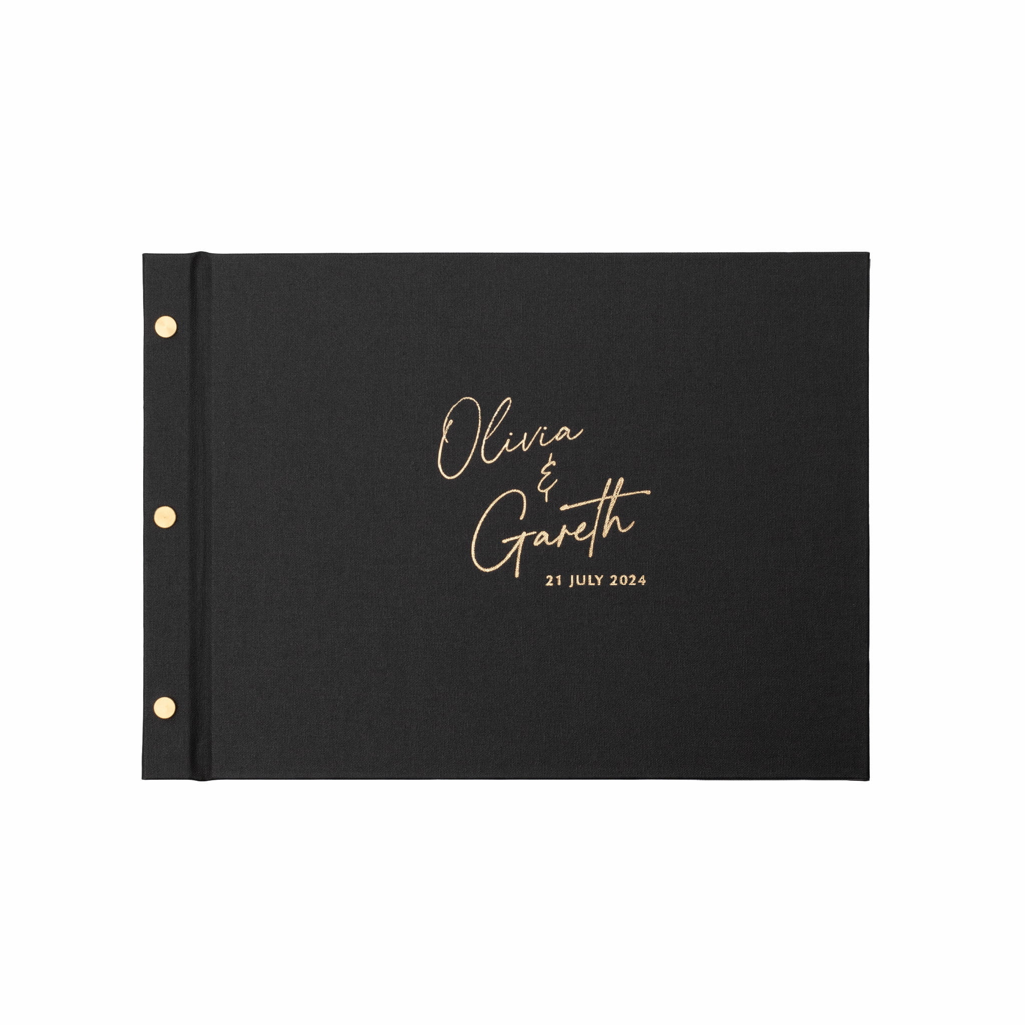 Personalised wedding guestbook with modern script font on black cover with gold foil lettering
