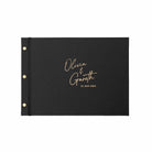 Personalised wedding guestbook with modern script font on black cover with gold foil lettering