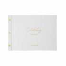 White celebrating the life of book with gold text on a white background