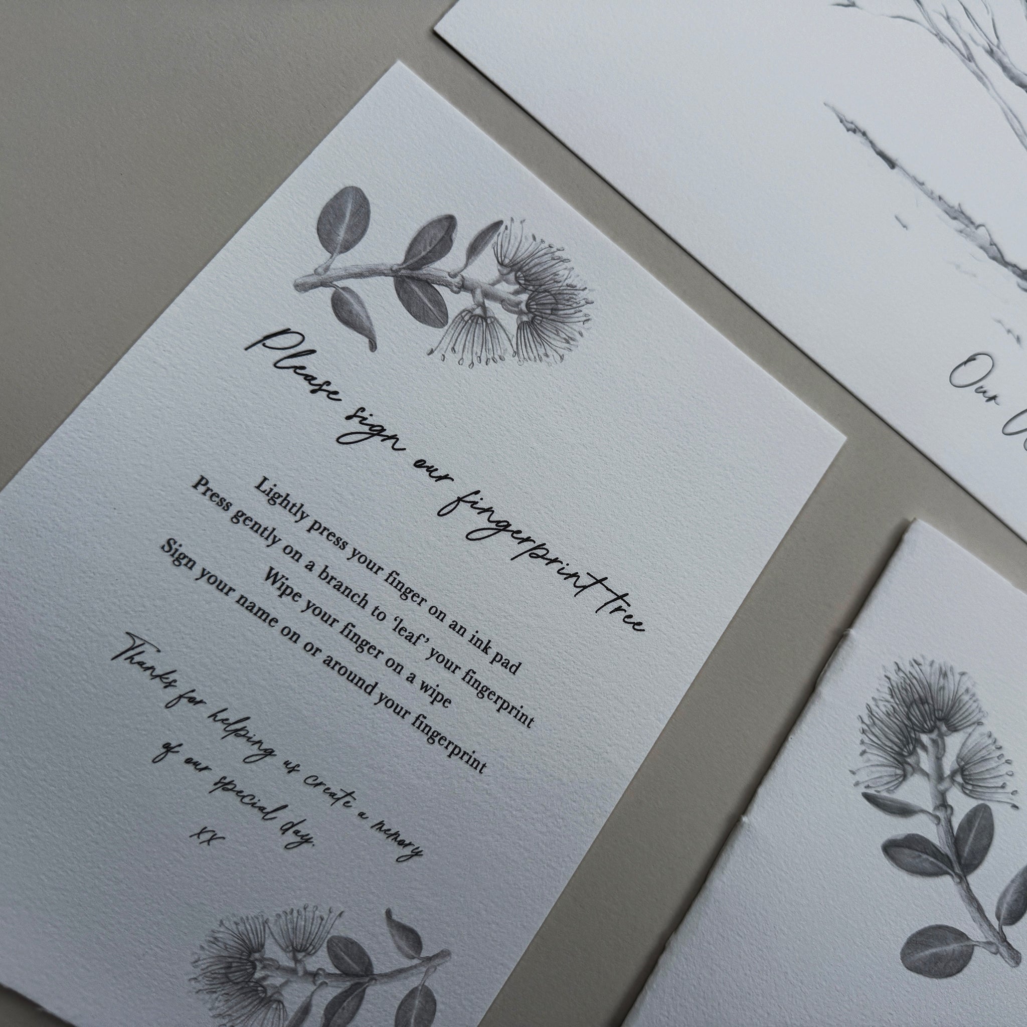 Fingerprint tree sign with floral designs on a neutral background