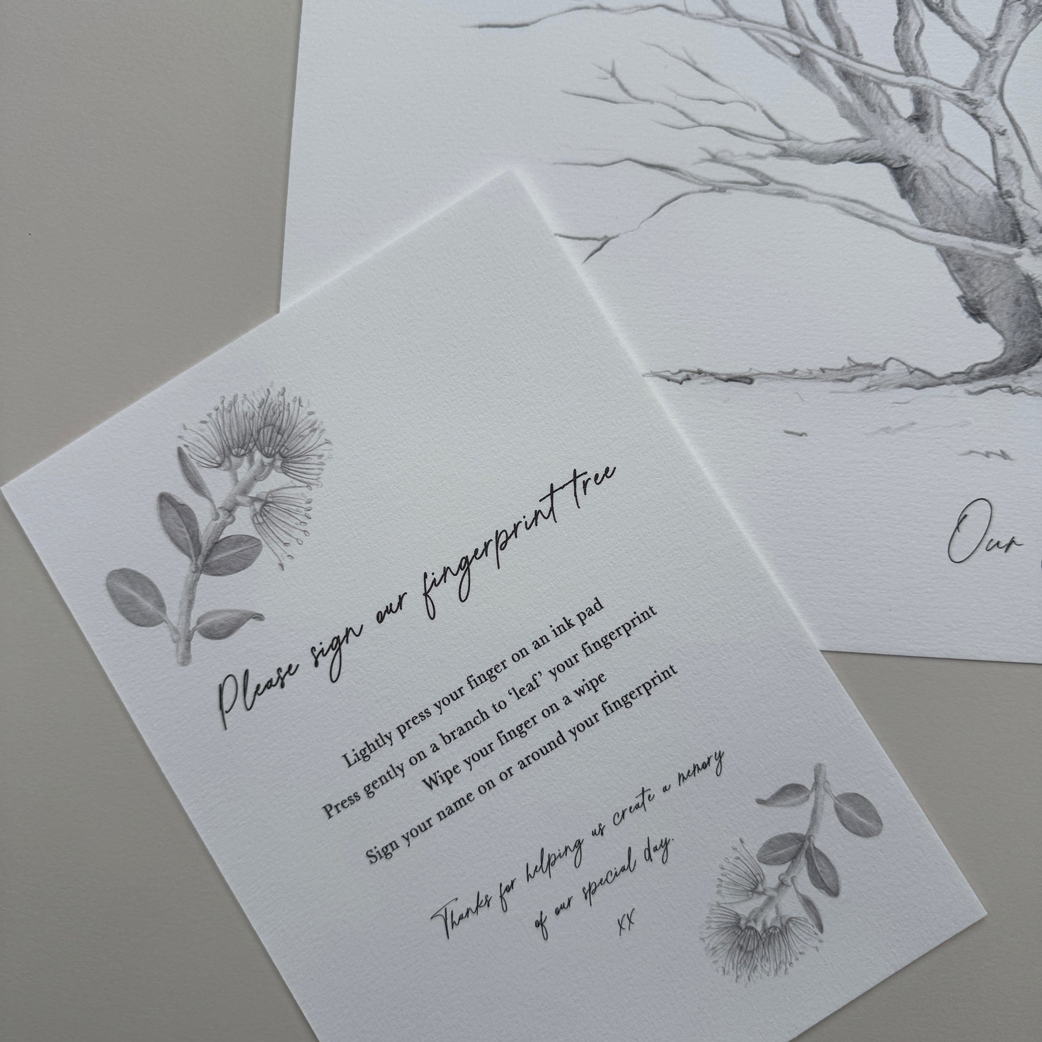 Fingerprint tree cards with floral designs on a gray surface