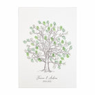 A personalised fingerprint wedding tree print featuring a hand-drawn oak tree with green leaves and custom names and date printed below on a white background.