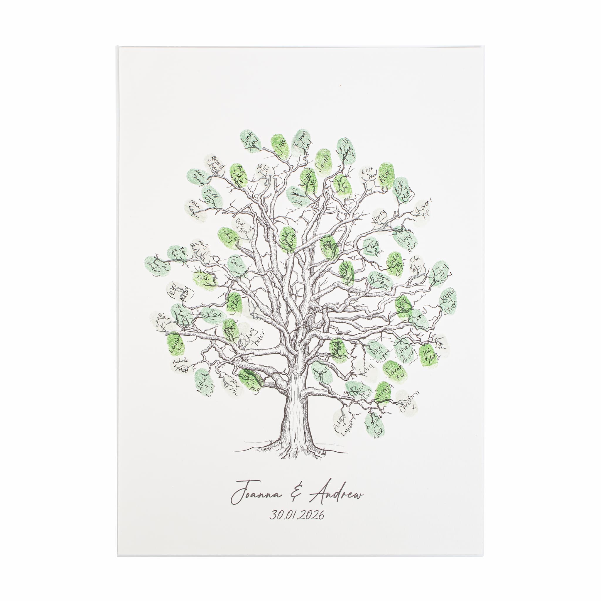 A personalised fingerprint wedding tree print featuring a hand-drawn oak tree with green leaves and custom names and date printed below on a white background.