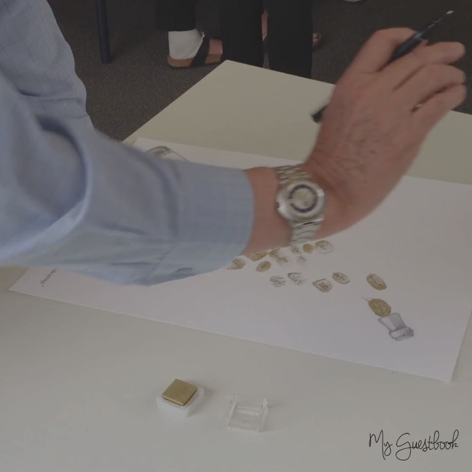 a video showing a guest add a fingerprint and signature onto a retirement fingerprint guestbook at an event