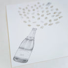 A guestbook retirement print featuring a hand-drawn champagne bottle with 2014 on the label, with scattered champagne bubble fingerprints forming a fountain shape above it. The print is shown at an angle on a light table surface.