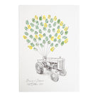 A personalised wedding fingerprint guestbook featuring a hand-drawn vintage tractor with green and yellow wedding fingerprints as balloons, with the names 'Darren & Jessica' and the date '21st October, 2024' written at the bottom.